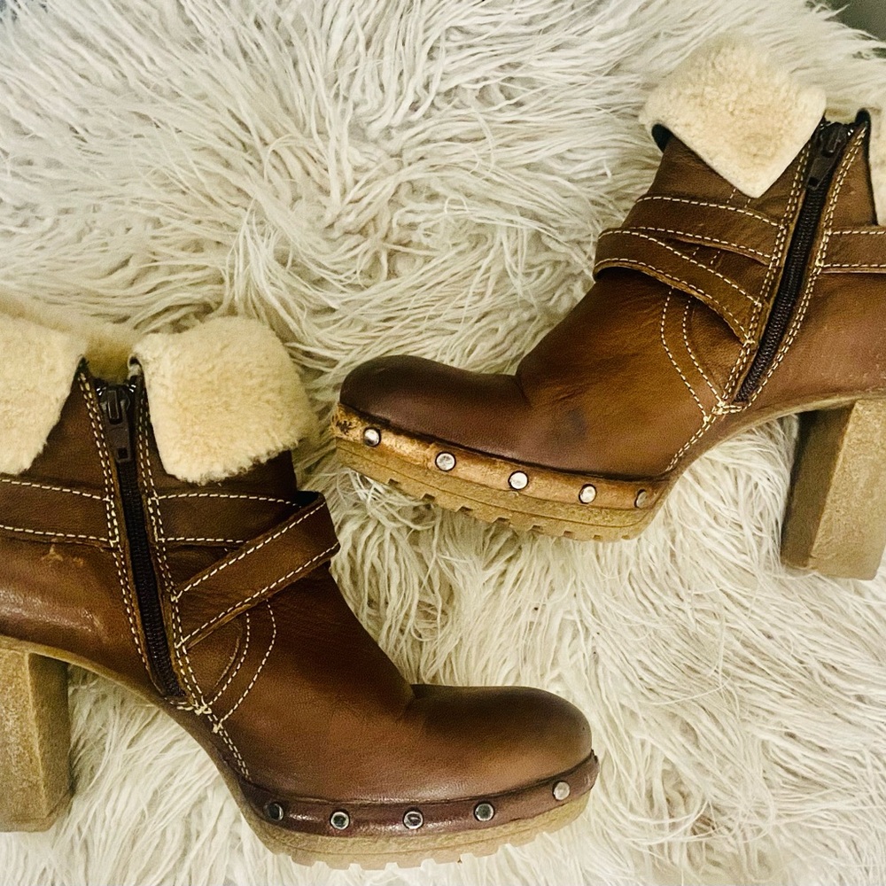 Women’s Manas Brown Leather Fleece Lined Fur Cuff Ankle Boots Studs Block Heel - Picture 6 of 11